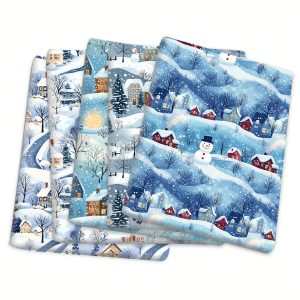 Winter Wonderland Snowscape Printed Poly-Cotton Fabric for Handcraft DIY, Quilting, Tablecloth, and Apparel - Cartoon Pattern, Precut 57.09inch x 57.09inch - Hand Wash Only