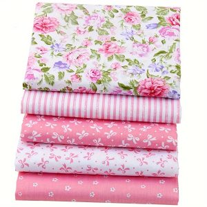 5Pcs Pink Floral Patterned 100% Cotton Fabric Precuts, Hand Wash Only, Fat Quarter Quilting Patchwork Tissue for Tilda Doll Cloth and Bedding Textile - 15.75inch x 19.69inch