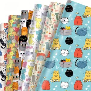 6-Pack Cartoon Cat Themed Cotton Polyester Fabric Bundles 19.7X17.7 Inches, 120gsm Thick Pre-Cut Quilt Squares for DIY Crafts, Quilting, Gift Wrapping - Breathable, Waterproof, Hand Wash - Mixed Patterns